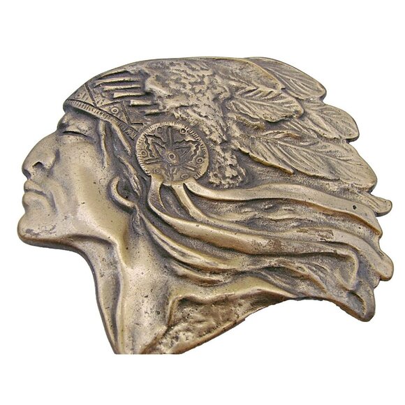 Native American Chief Headdress Belt Buckle Bronze Brass Detailed Work of Art - Picture 6 of 10
